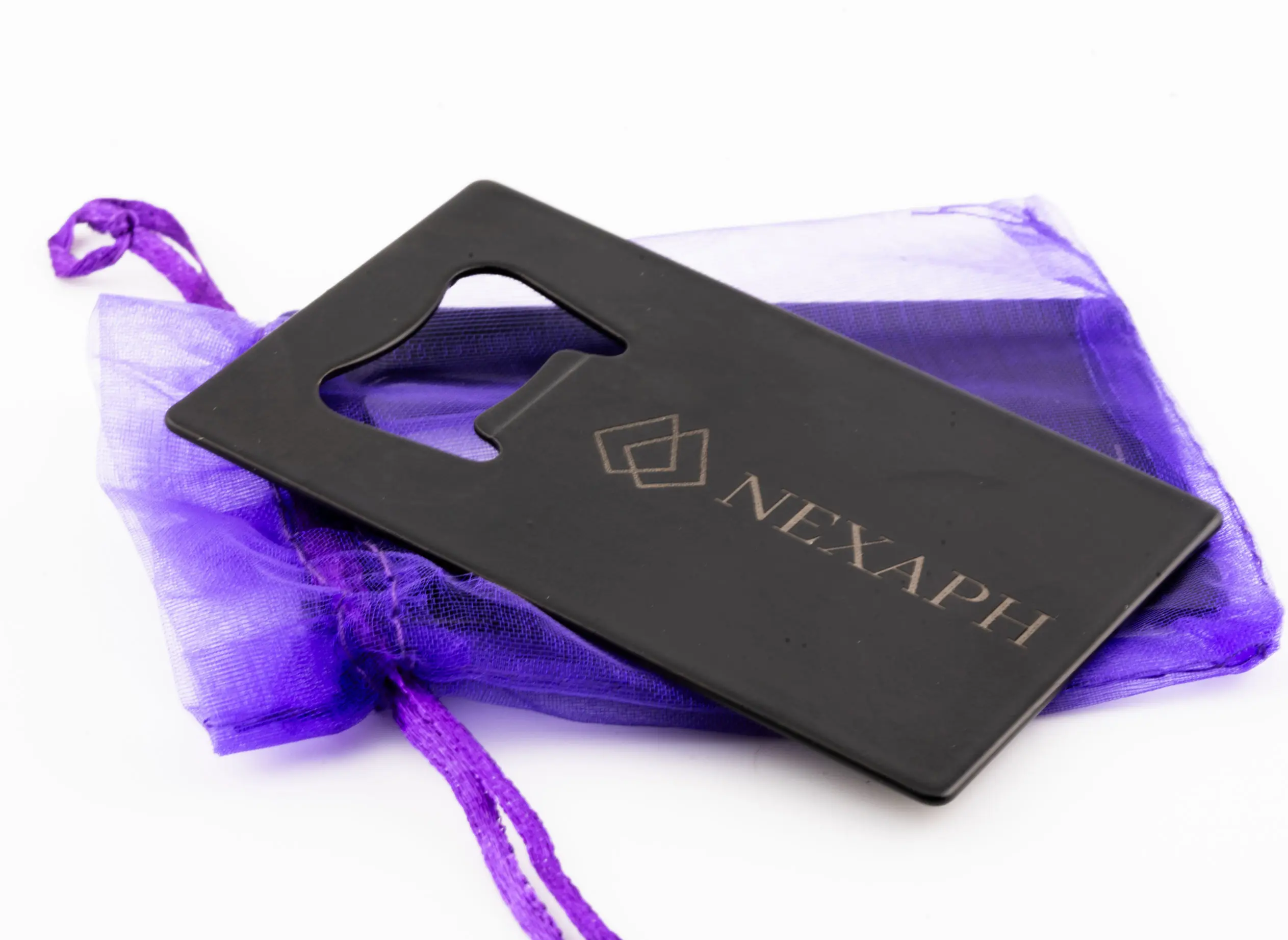 Black steel Nexaph vial opener with engraved logo and purple gift pouch