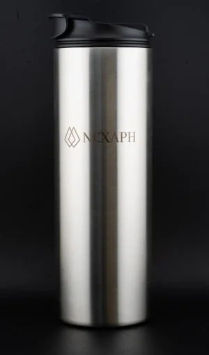 Nexaph 18oz brushed stainless steel tumbler with black flip-top lid and etched logo