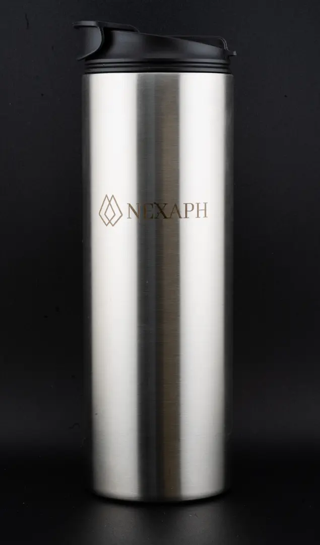 Nexaph 18oz brushed stainless steel tumbler with black flip-top lid and etched logo