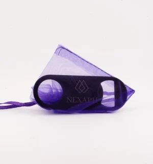 Nexaph branded small black metal vial opener with mesh pouch